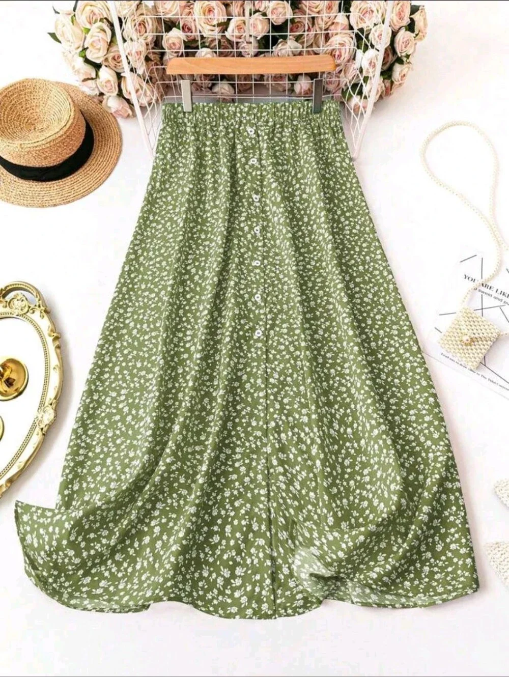 SALE ** BRAND NEW ** Olive Green Floral Button-Front Maxi Skirt